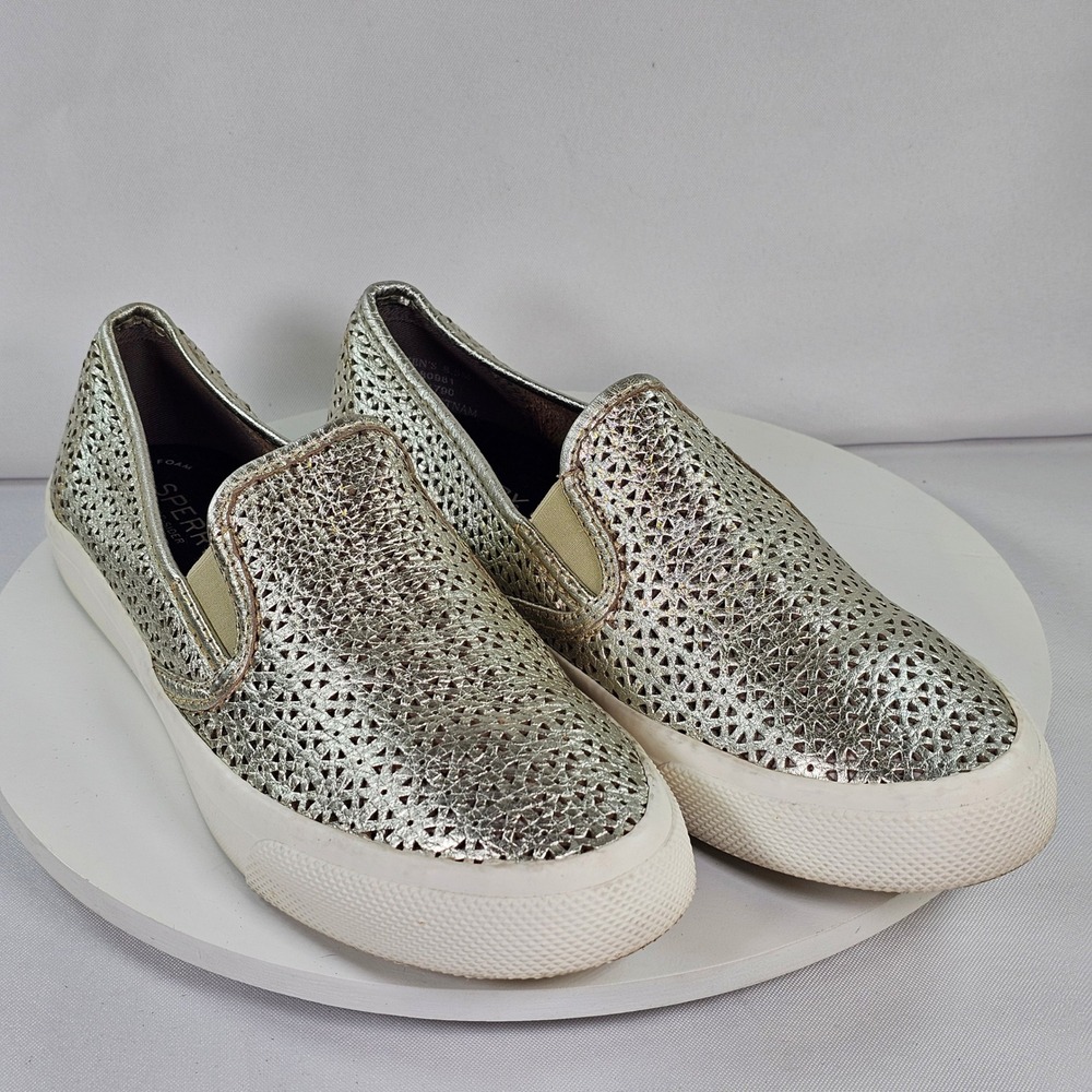 Sperry Top-Sider Crest Vibe‎ Gold Metallic Laser Cut Slip On Sneakers STS80981